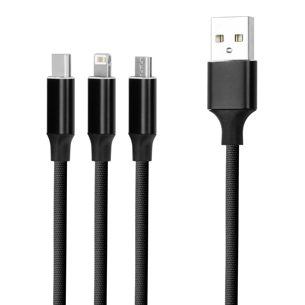 TelForceone Forever 3in1 laidas USB – Lightning + USB-C + microUSB 1,2 m 2A juodas