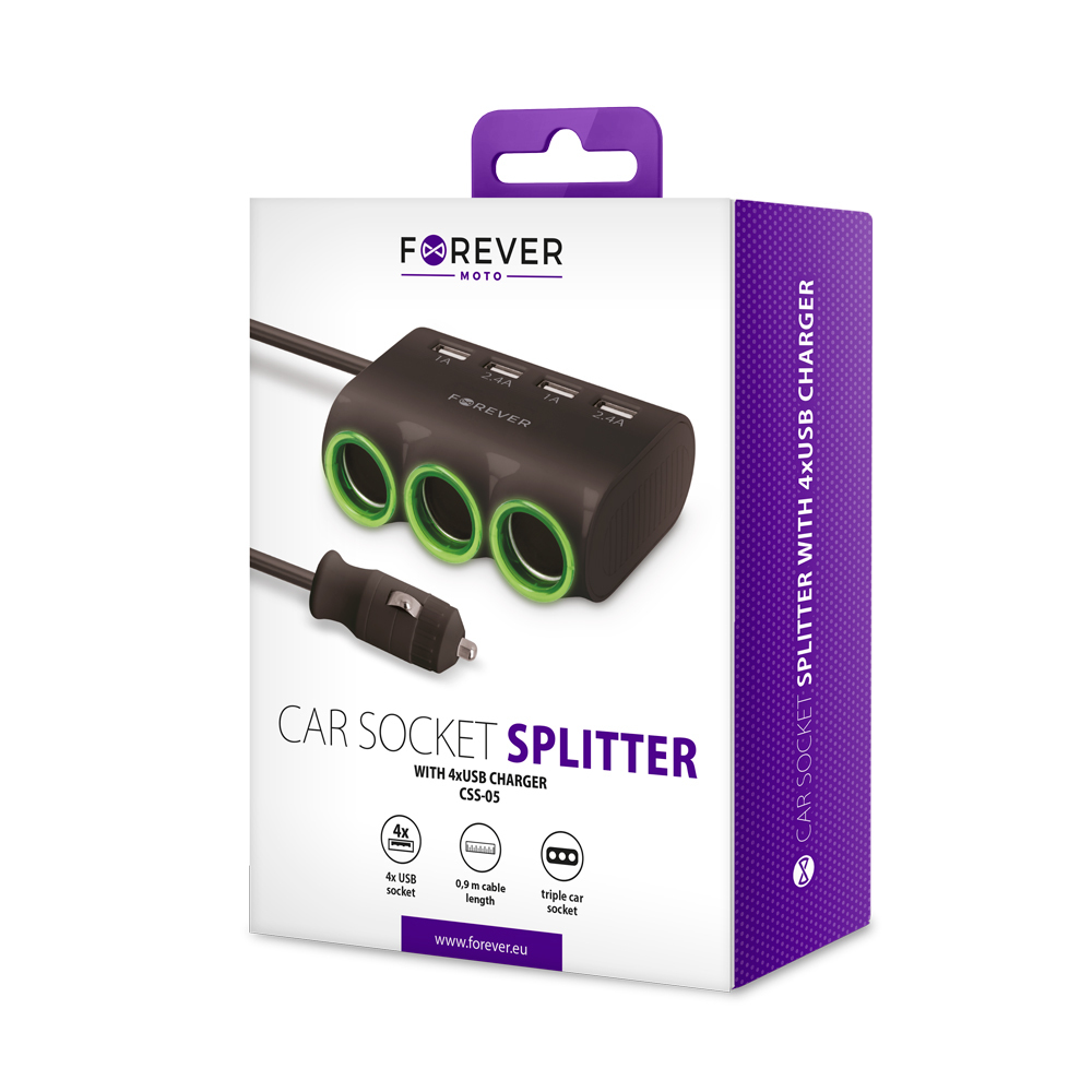 Automobilinis įkroviklis-šakotuvas Forever CSS-05 3 in 1 su 4xUSB ir 3x12V jungtimis