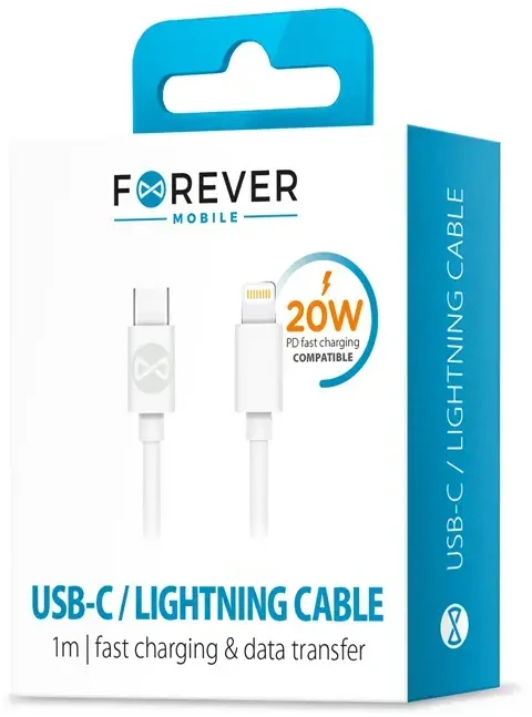 Forever duomenų perdavimo ir įkrovimo kabelis | USB-C į Lightning | 20 W | 1 m | baltas