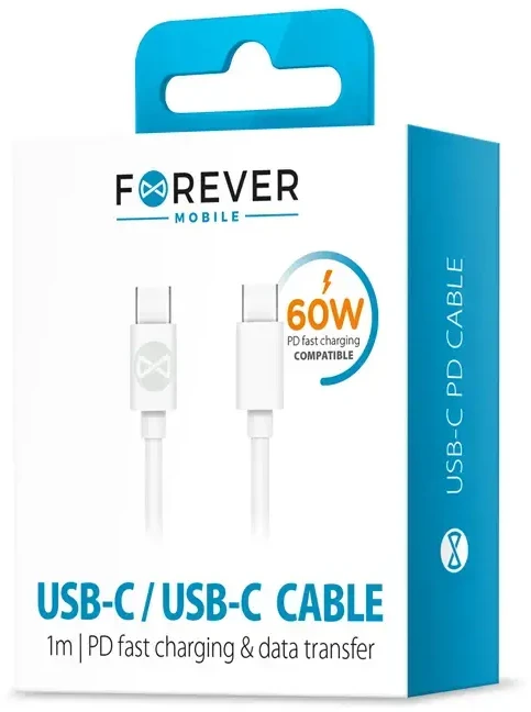 Forever duomenų perdavimo ir įkrovimo kabelis | USB-C į USB-C | 20W | 1m | balta