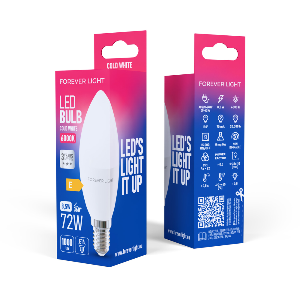 Telforceone Forever Light LED Bulb E14 C37 8.5W 1000lm 6000K class E