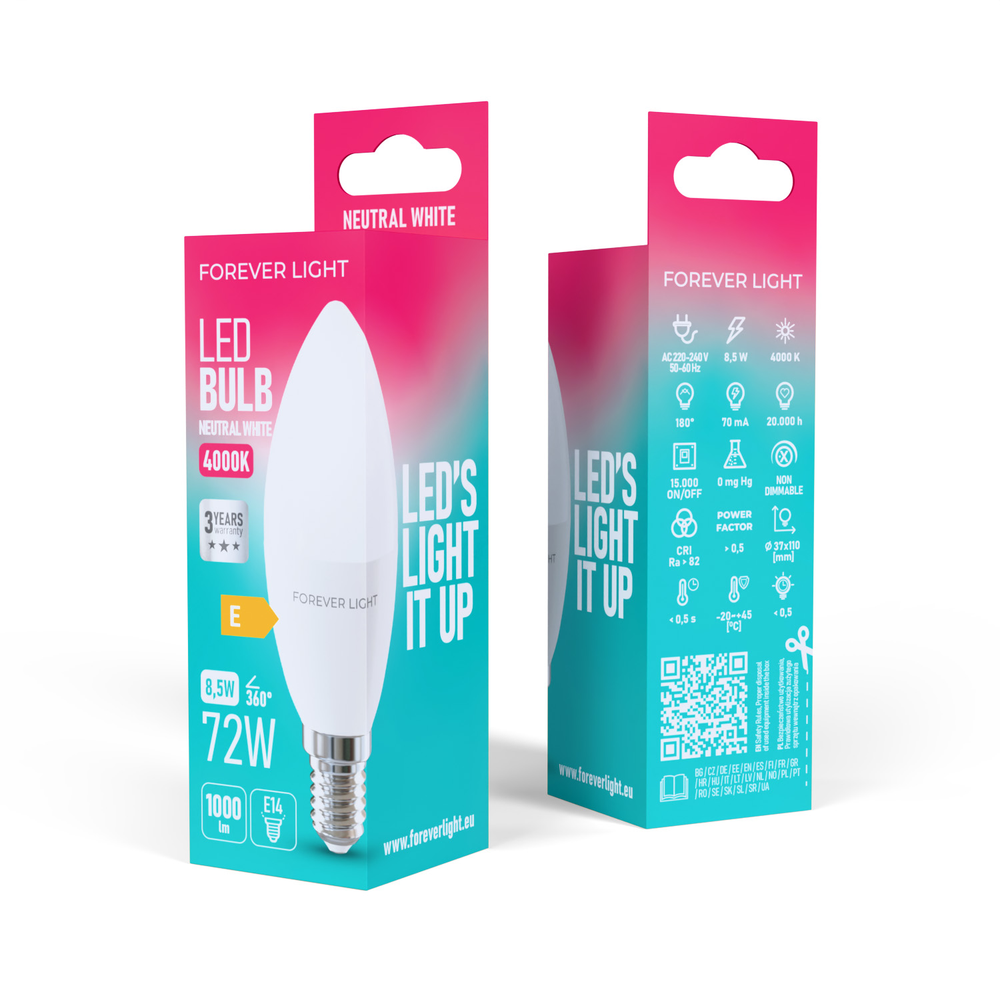 Telforceone Forever Light LED Bulb E14 C37 8.5W 1000lm 4000K class E