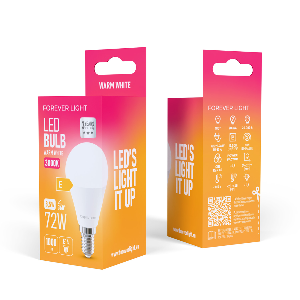 Telforceone Forever Light LED Bulb E14 G45 8.5W 1000lm 3000K class E