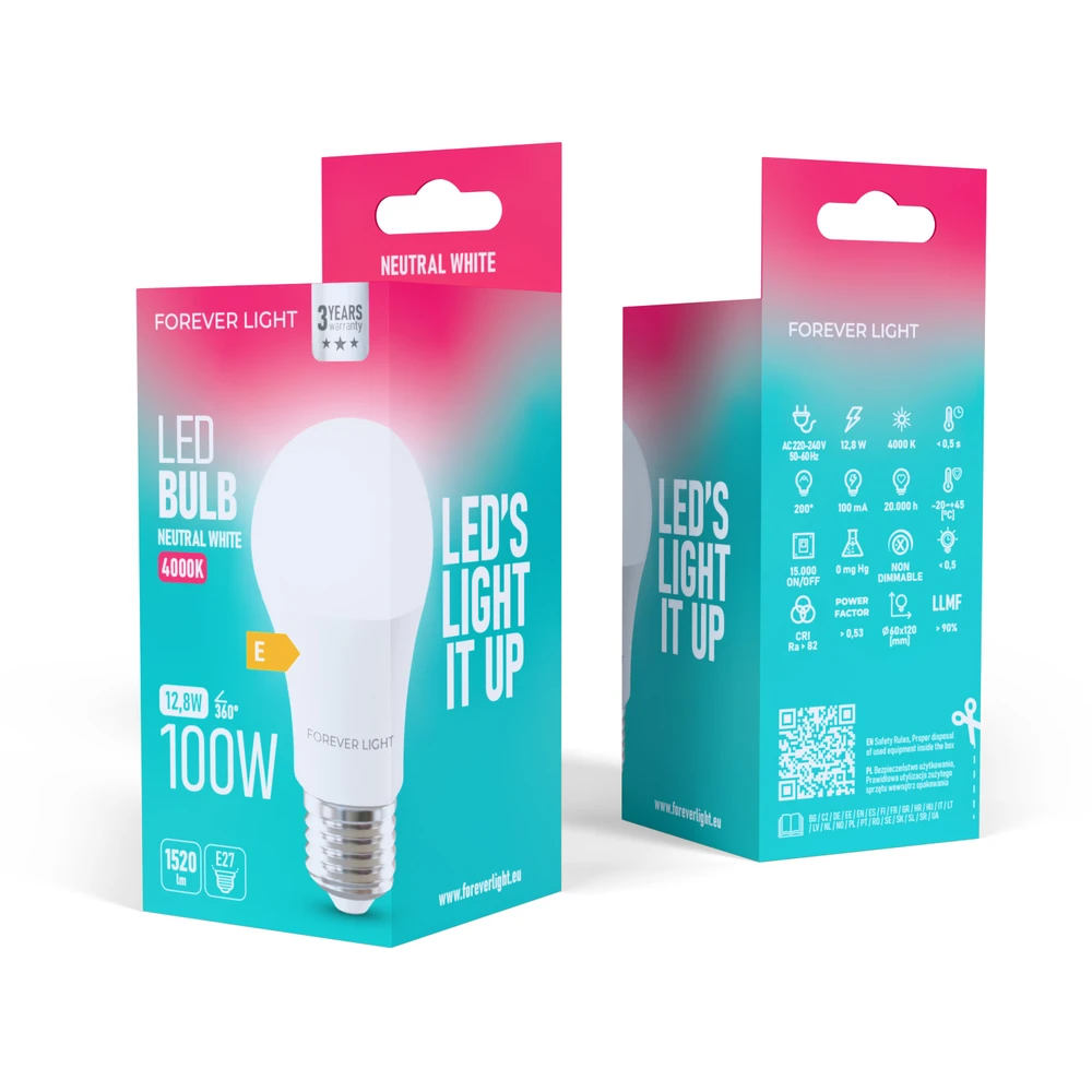 Telforceone Forever Light LED Bulb E27 A60 12.8W 1520lm 4000K class E