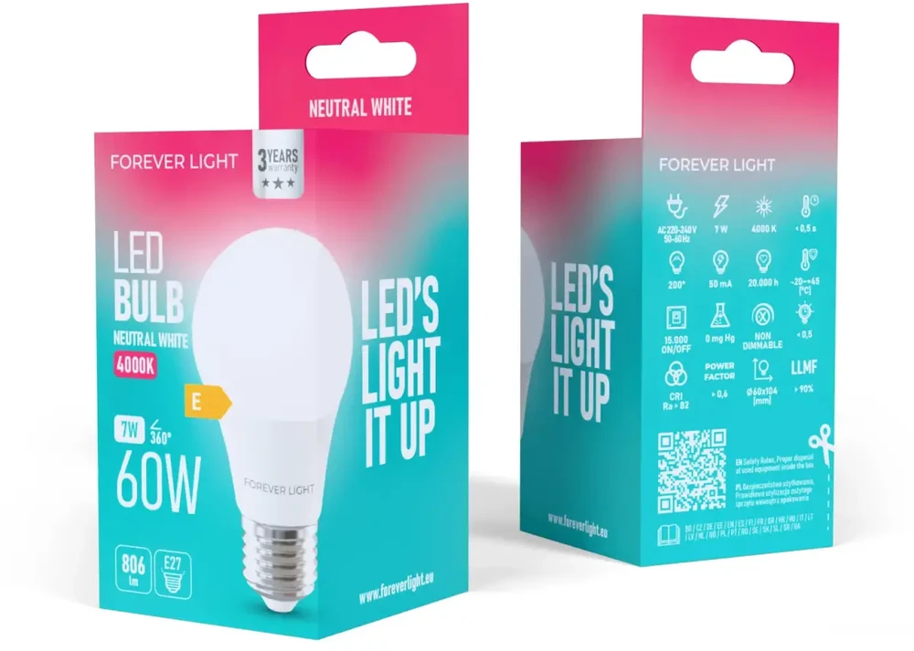 „Telforceone Forever Light“ LED lemputė E27 A60 7W 806lm 4000K E klasė