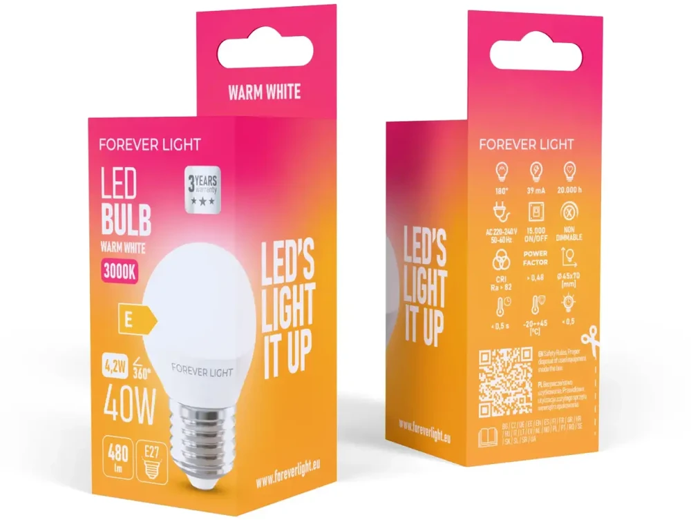 „Telforceone Forever Light“ LED lemputė E27 G45 4,2 W 480 lm 3000 K, E klasė