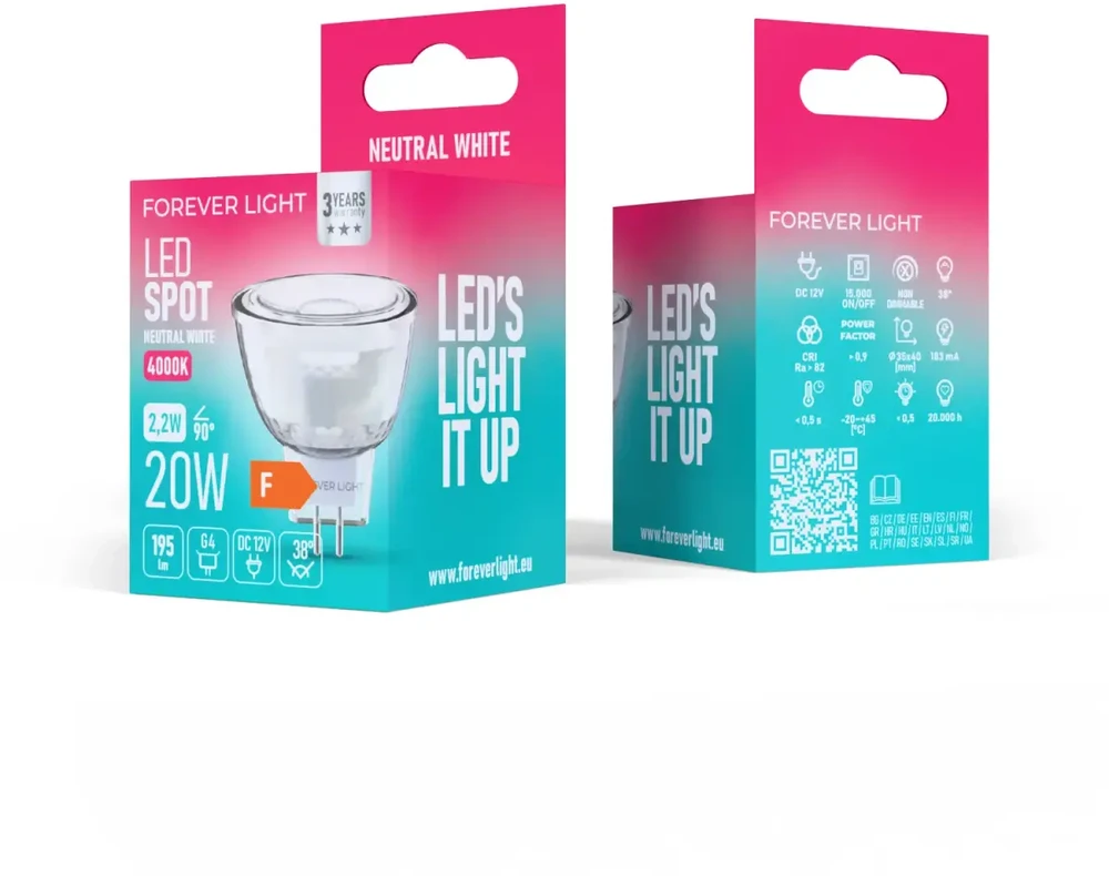 „Telforceone Forever Light“ LED lemputė G4 MR11 38° 2,2 W 195 lm 4000 K 12 V, stiklo klasė F