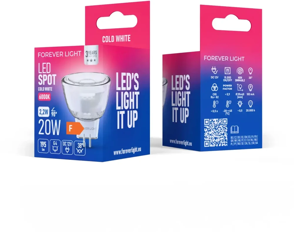 „Telforceone Forever Light“ LED lemputė G4 MR11 38° 2,2 W 195 lm 6000 K 12 V, stiklo klasė F