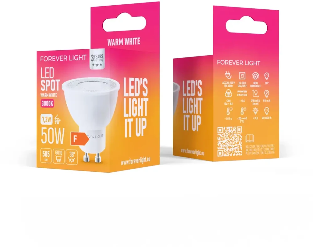 „Telforceone Forever Light“ LED lemputė GU10 38° 7.2W 585lm 3000K F klasė