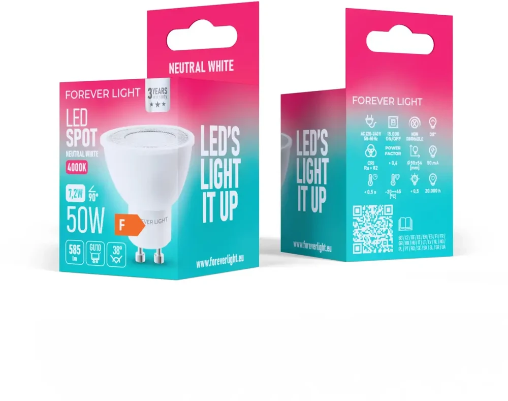 „Telforceone Forever Light“ LED lemputė GU10 38° 7.2W 585lm 4000K F klasė