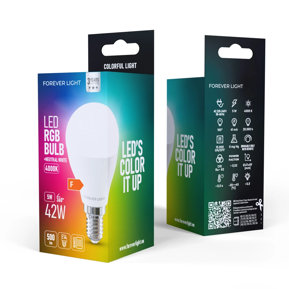 „Telforceone Forever Light“ LED lemputė RGB E14 G45 5W 500lm 4000K F klasė
