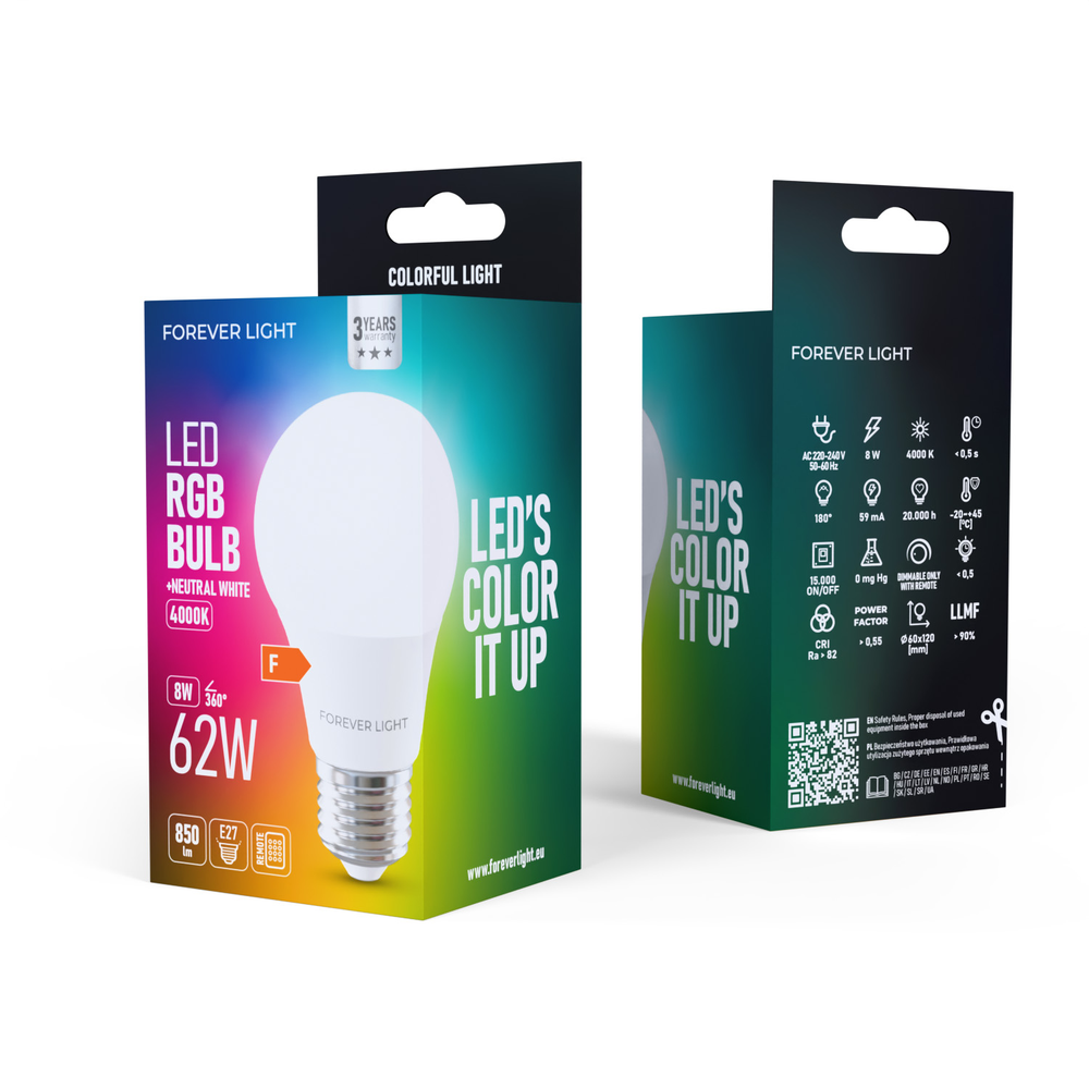 Telforceone Forever Light LED Bulb RGB E27 A60 8W 850lm 4000K class F