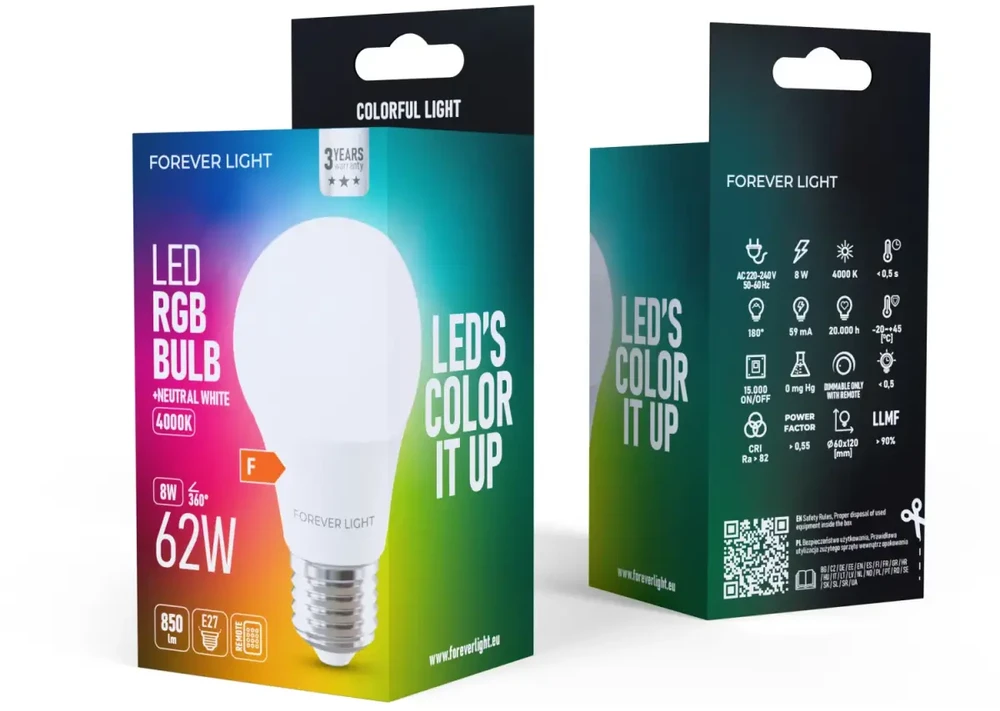 Eko Light Telforceone Forever Light LED Bulb RGB E27 A60 8W 850lm 4000K class F