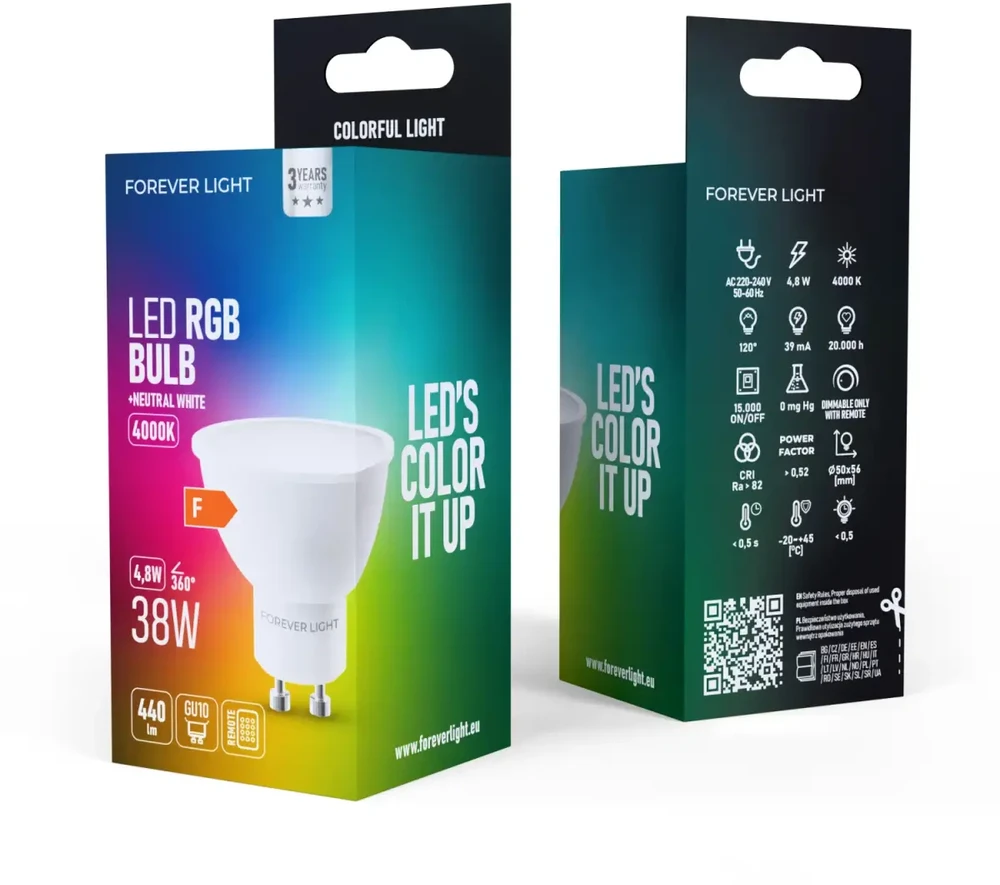 Telforceone Forever Light LED lemputė RGB GU10 4.8W 440lm 4000K F klasė