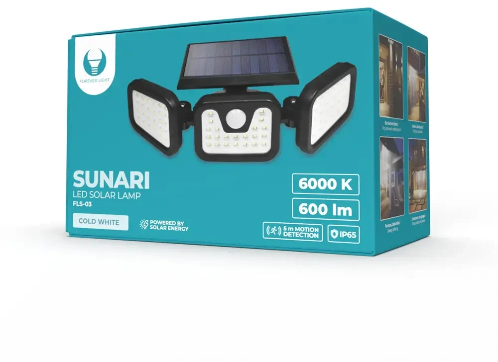 Forever Light saulės LED lempa SUNARI FLS-03 74*SMD PIR 8W 600lm 6000K 2400mAh ličio jonų