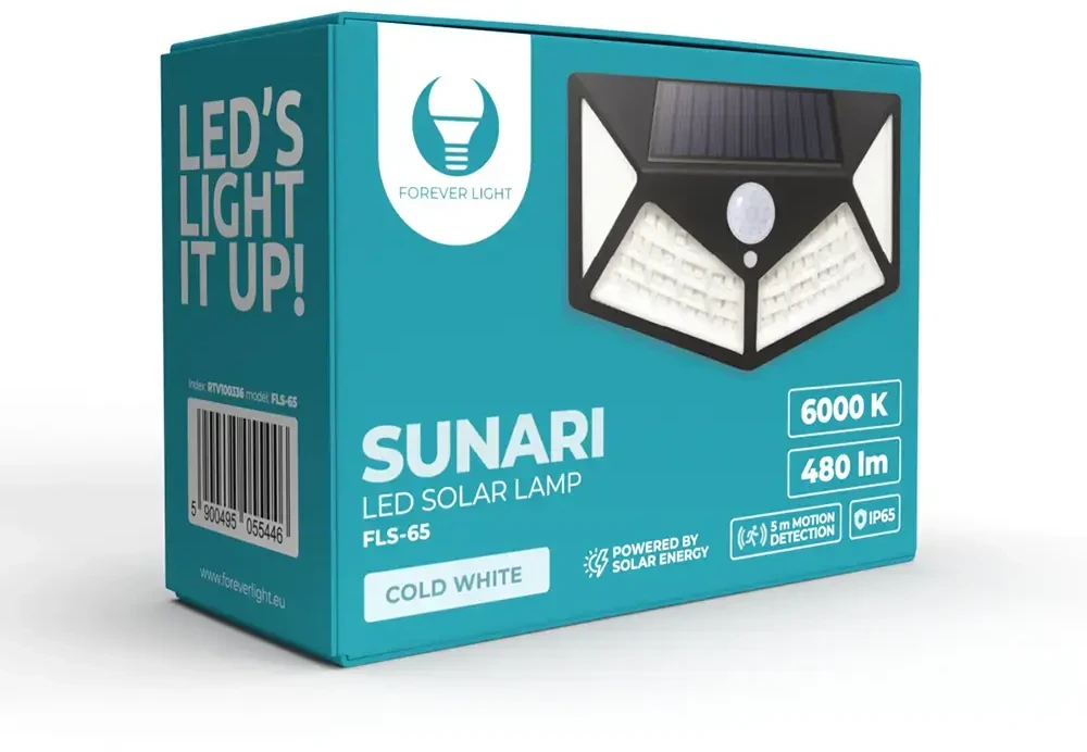 SUNARI saulės lempa LED FLS-65 100*SMD PIR 6W 480lm 6000K 1200mAh Li-Ion Forever Light