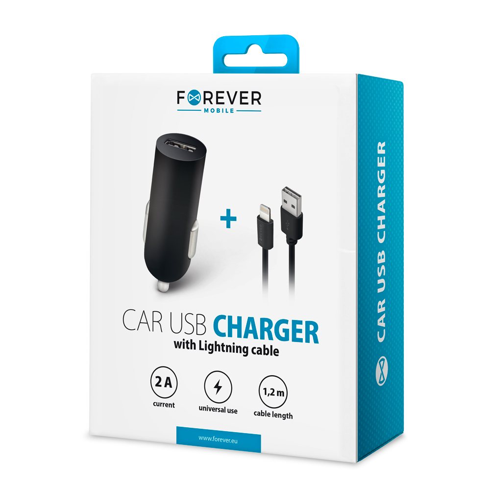 Forever M02 automobilinis įkroviklis 1x USB 2A juodos spalvos + Lightning kabelis