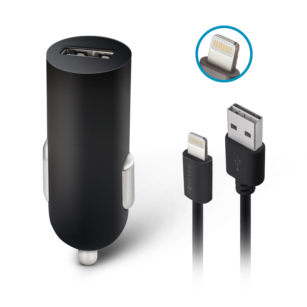 Forever M02 automobilinis įkroviklis 1x USB 2A juodos spalvos + Lightning kabelis