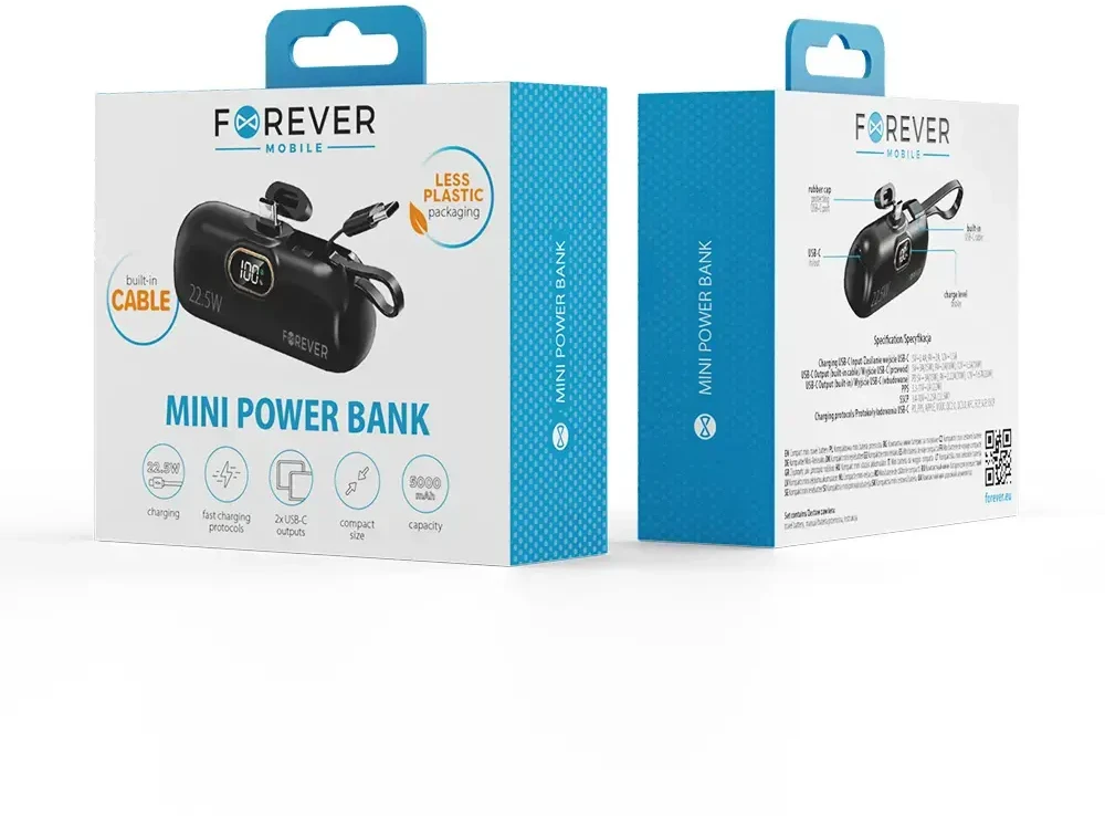 Telforceone Forever mini power bank MTB-100 22.5W 5000 mAh USB C juodos spalvos
