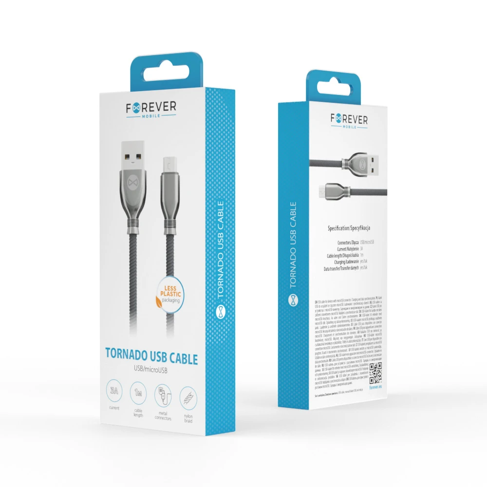 Forever Tornado kabelis USB - microUSB 1,0 m 3A juodos spalvos