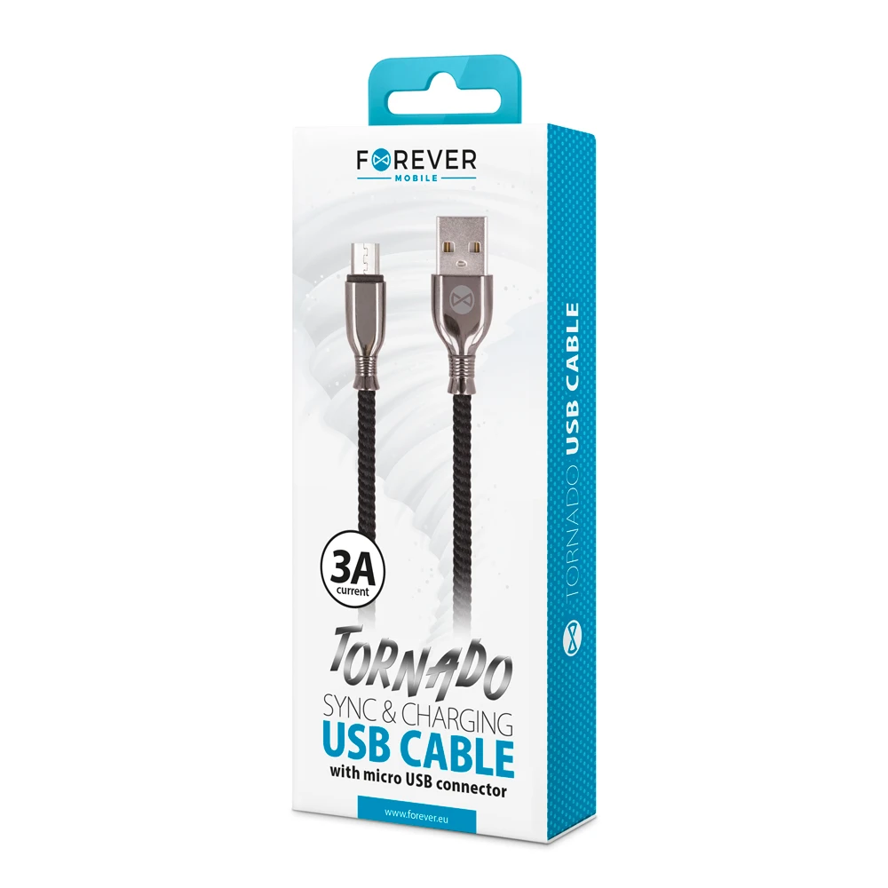 Forever Tornado kabelis USB - microUSB 1,0 m 3A juodos spalvos