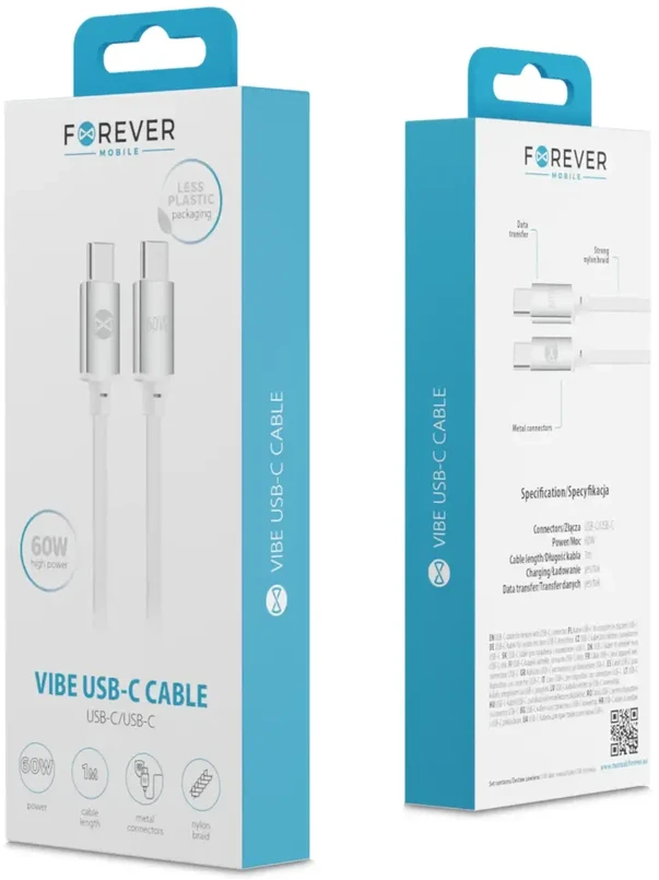 Forever Vibe laidas USB-C – USB-C 1,0 m 60W sidabrinis