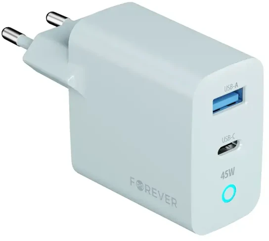 Forever Vibe-TC45AC GaN PD QC įkroviklis 1x USB-C 1x USB 45W sidabrinis