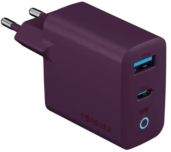 Forever Vibe-TC45AC GaN PD QC įkroviklis 1x USB-C 1x USB 45W tamsios vyšnios spalvos
