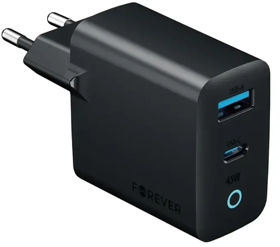 Forever Vibe-TC45AC GaN PD QC įkroviklis 1x USB-C 1x USB 45W tamsiai pilkas