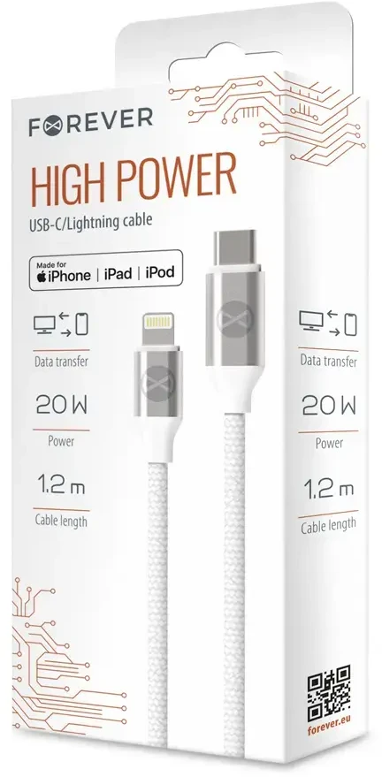 TelForceone Forever MFI kabelis USB-C - Lightning 1,2 m 3A 20W WHP12321 baltas