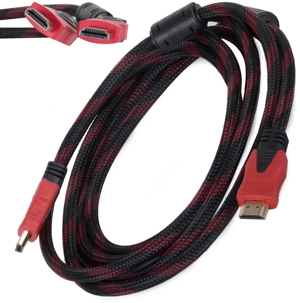 HDMI laidas su pintos tekstūros laidu ir raudonais antgaliais