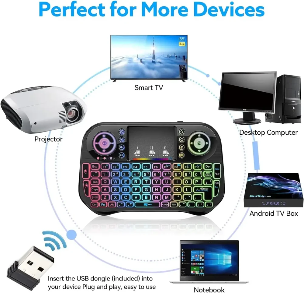 Fusion Accessories Fusion Rainbow compact Belaidė klaviatūra su jutikliniu kilimėliu and colorful backlit for Android | iOS | TV | PC