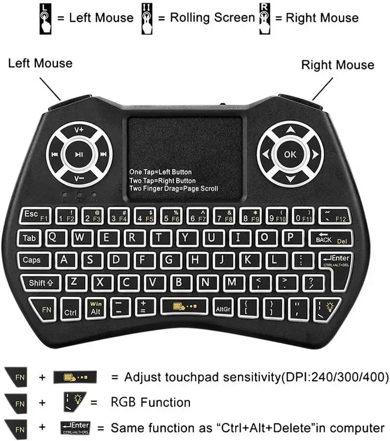Fusion Accessories Fusion Round compact Belaidė klaviatūra su jutikliniu kilimėliu and colorful backlit for Android | iOS | TV | PC