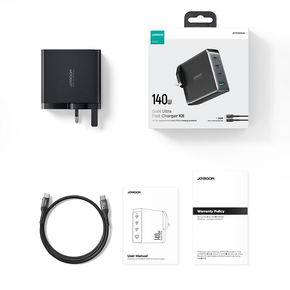 Įkroviklis GaN UK Joyroom JR-TCG05UK 140W 3x USB-C USB-A + kabelis USB-C / USB-C 240W 1.2m