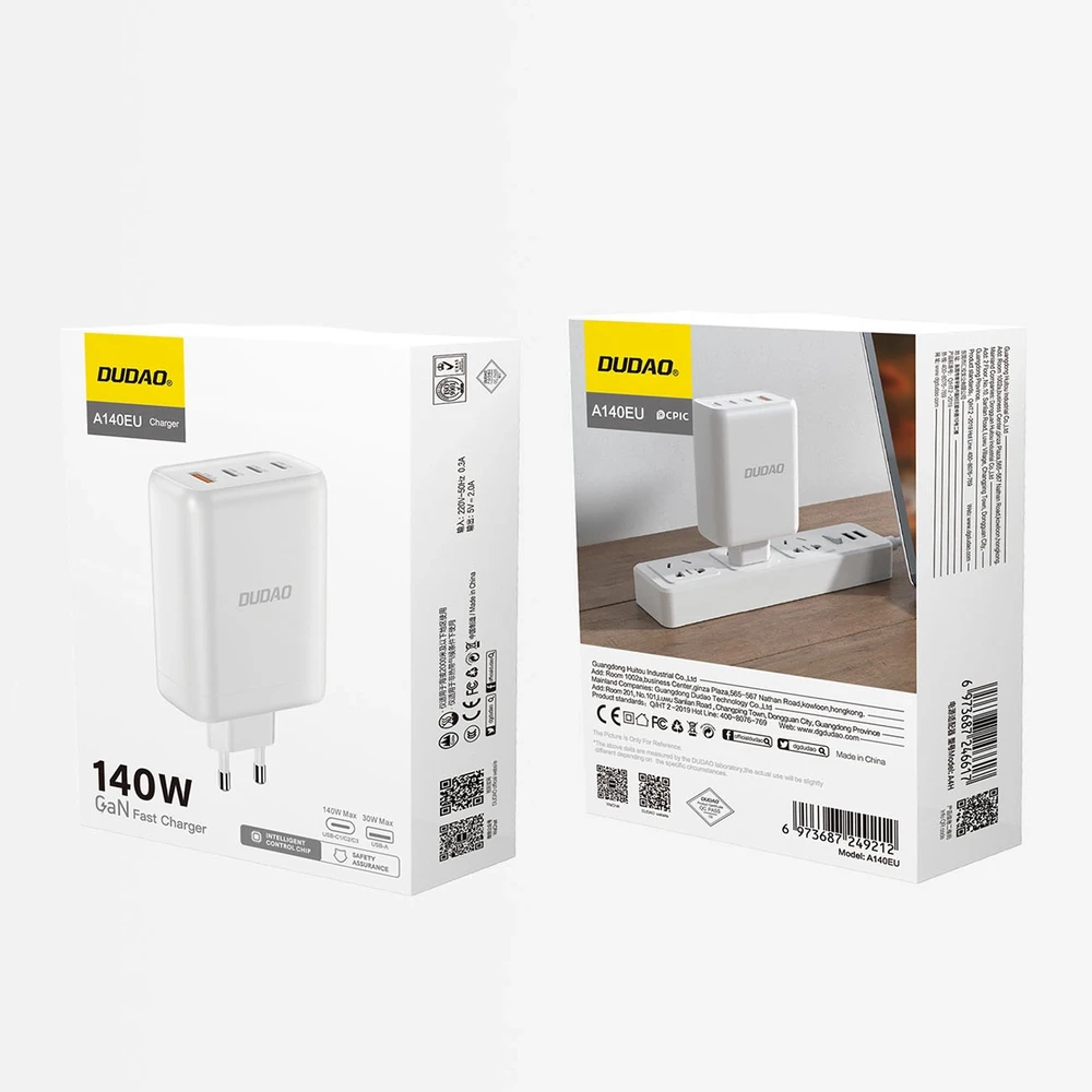 GaN Dudao A140EU USB-A / 3xUSB-C PD 140W įkroviklis - baltos spalvos