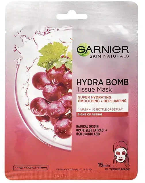 Garnier Skin Naturals Hydra Bomb Natural Origin vynuogių sėklų ekstrakto veido kaukė moterims, 1 vnt.