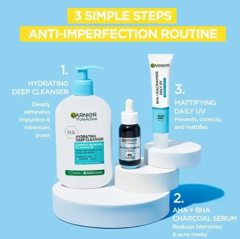Garnier Grynas aktyvus BHA + niacinamidas Dieninis UV odos defektų šalinantis fluidas Kreminis