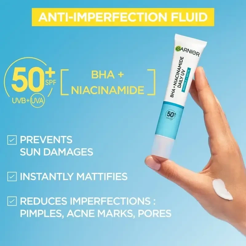 Garnier Grynas aktyvus BHA + niacinamidas Dieninis UV odos defektų šalinantis fluidas Kreminis