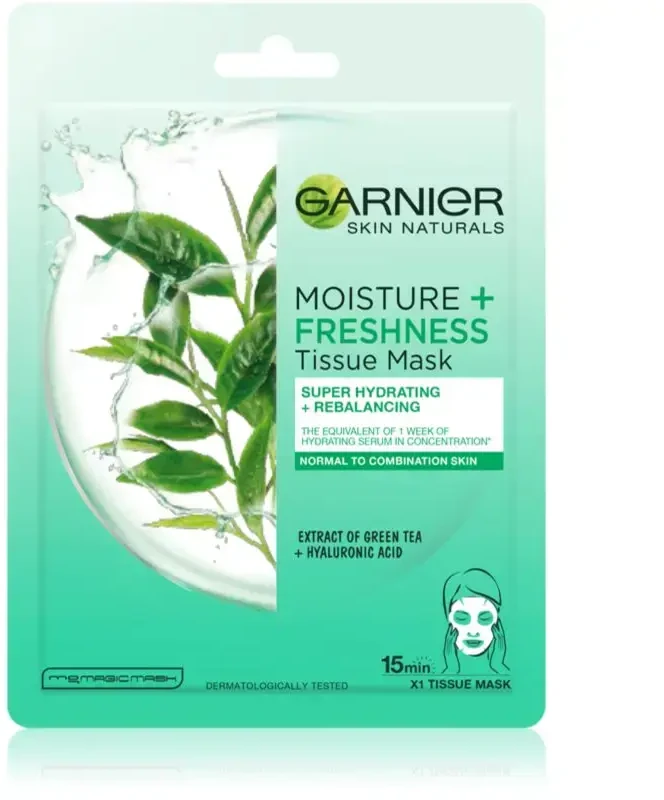 Garnier Hydra Bomb balansuojanti audinio kaukė su žaliosios arbatos ekstraktu ir hialurono rūgštimi 28g