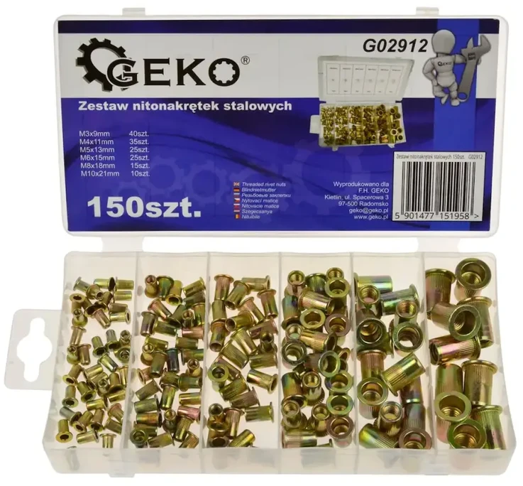 Geko Srieginės kniedės M3-M10 Plienas 150 vnt. komplektas