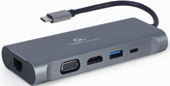 GEMBIRD A-CM-COMBO7-01 Multi Port Adapteris USB Type C Hub3.0 HDMI VGA PD kortelių skaitytuvas stereo audio space pilkas