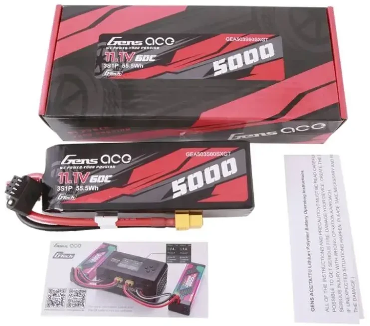 Gens ace G-Tech 5000 mAh 11.1V 60C 3S1P trumpo dydžio lipo su XT60 kištuku