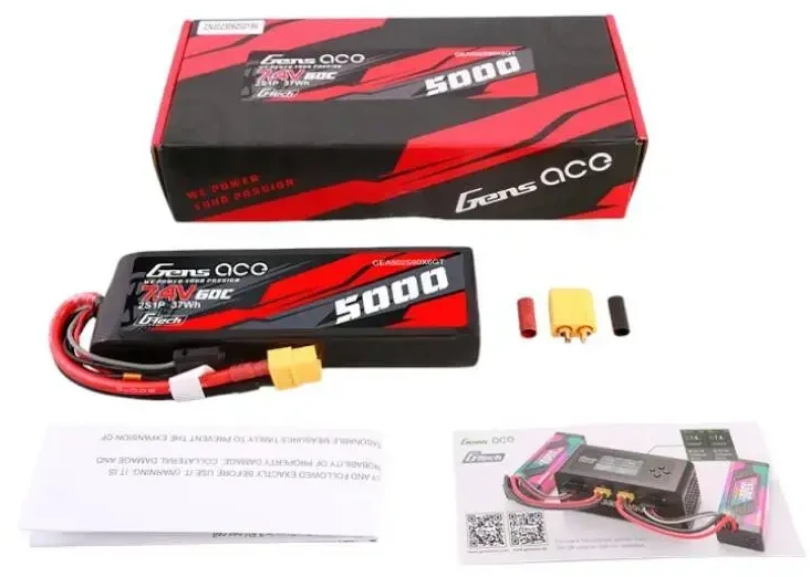 Gens ace G-Tech 5000mAh 7.4V 60C 2S1P Lipo PC medžiagos dėklas su XT60 kištuku