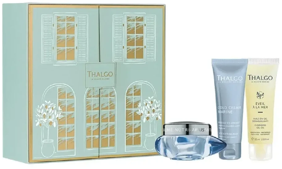 Gift Box Set Thalgo: Eveil à la Mer Valiklis Cleansing Gel For Face, 50 ml + Cold Kreminis Marine Soothing Kreminis For Face, 50 ml + Cold Kreminis Marine Sos Soothing Kreminis Mask For Face, 50 ml