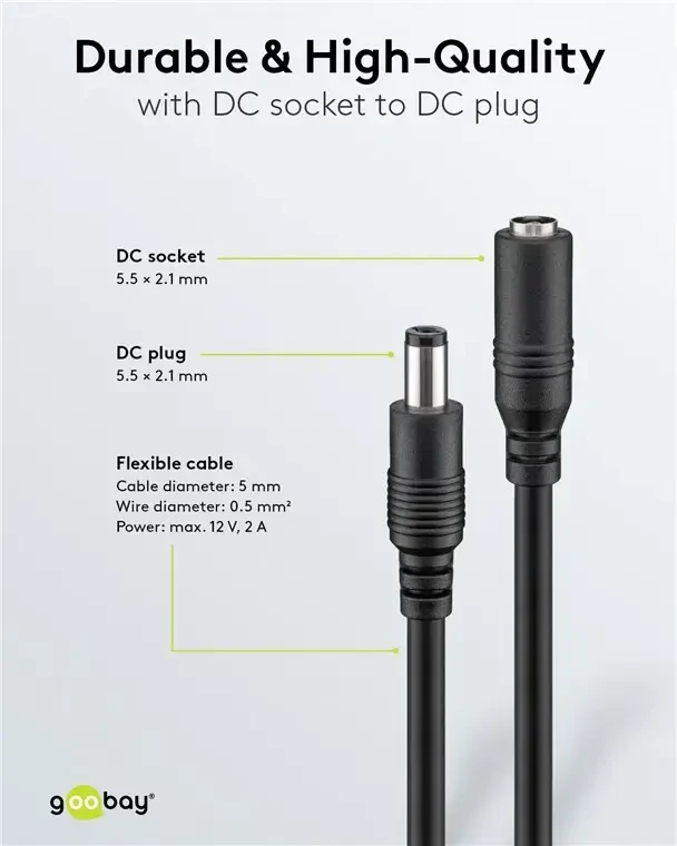 Goobay DC maitinimo kabelio ilgiklis 1.5m 5.5×2.1mm juodas 2×0.5 mm² max 24VDC 140W