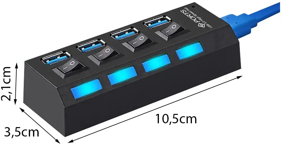 „Goodbuy“ adapteris (daliklis) USB 3.0 į 4 x USB 3.0 | 5 Gbps su atskirais įjungimo | išjungimo mygtukais, juodas