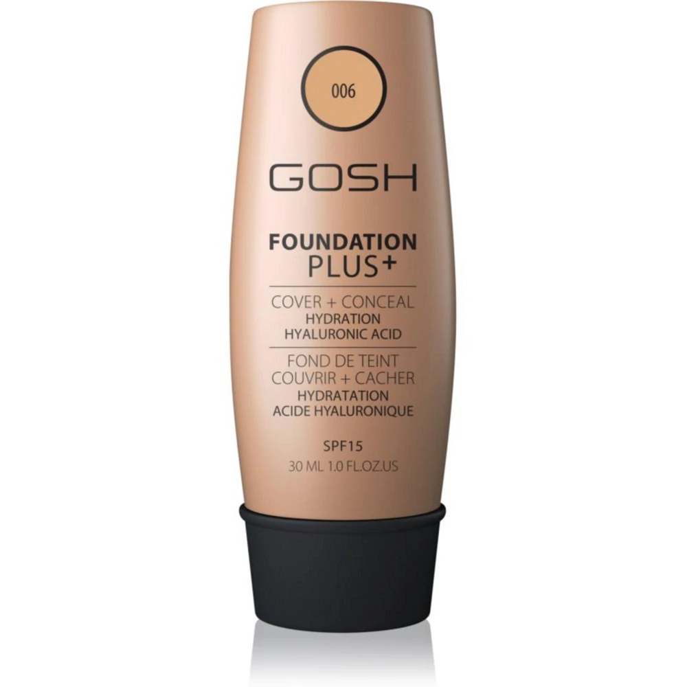 „Gosh Foundation Plus+ Cover & Conceal“ skystas makiažo pagrindas „006 Honey SPF 15“, 30 ml