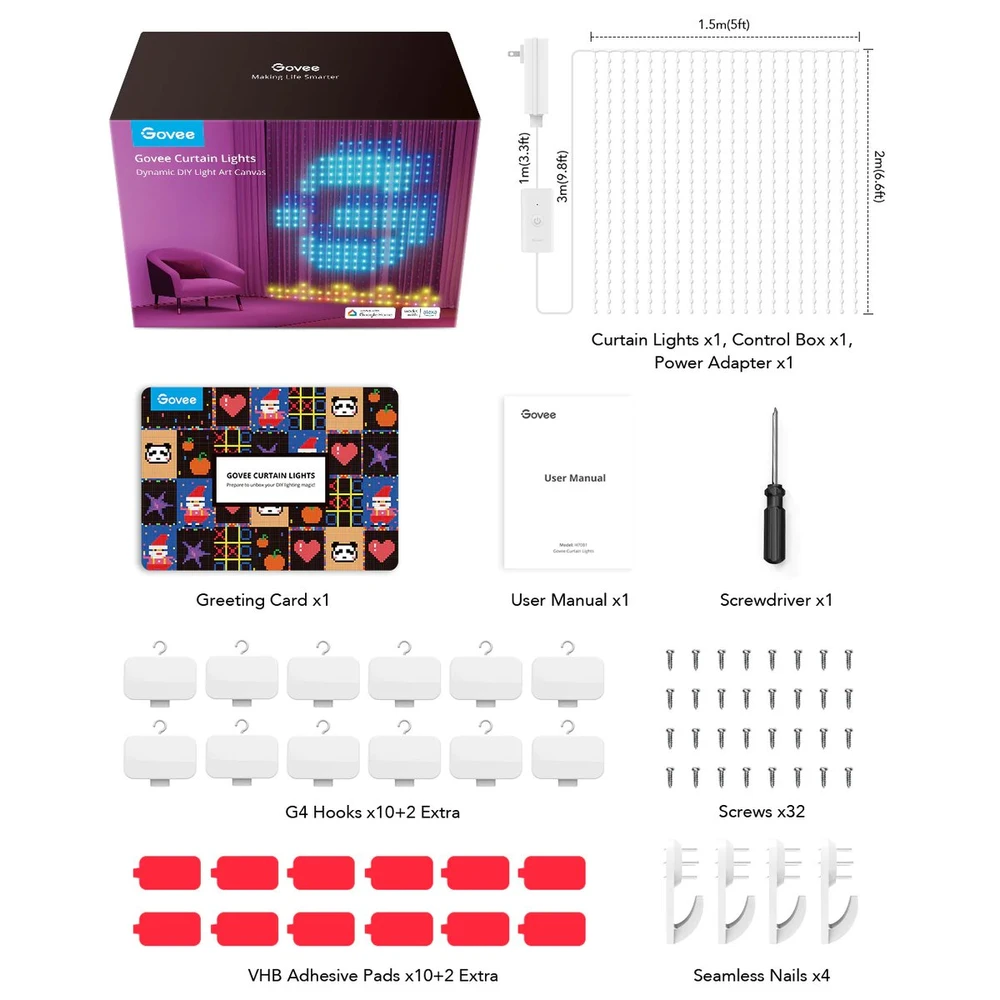 Govee H70B1 Užuolaidinis šviestuvas | LED užuolaida | „Wi-Fi“, „Bluetooth“, RGBIC, IP65
