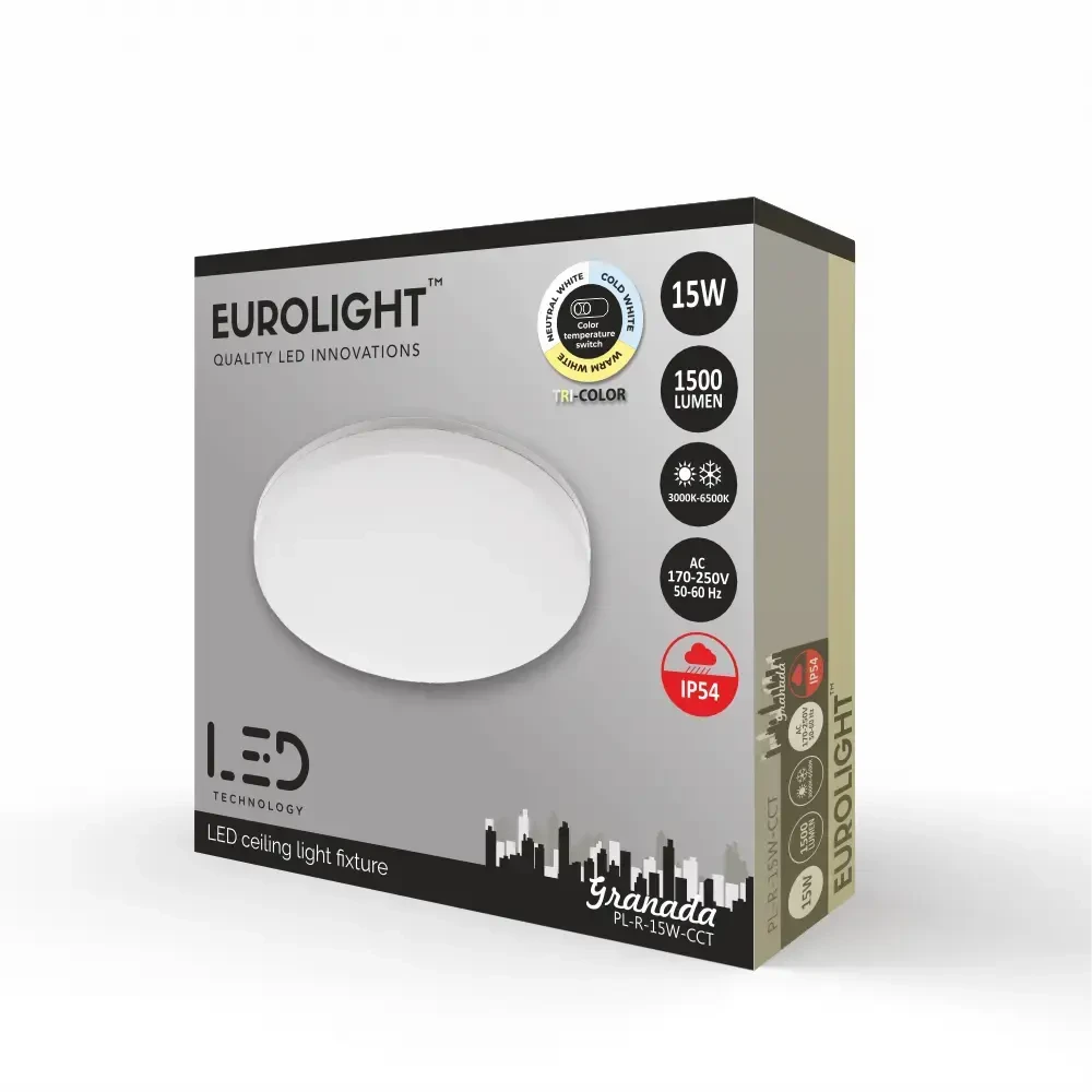 Sieninis šviestuvas Granada LED šviestuvas 15W 3000K-4000K-6500K IP54 Eurolight CCT
