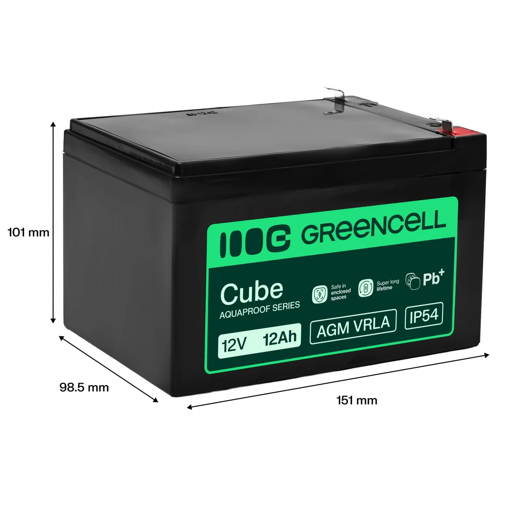 Green Cell Žalias Cell Greencell AGM VRLA 12V 12Ah nereikalaujanti priežiūros baterija kasos aparatams, žaislams, fotoaparatams (151x98.5x95mm)